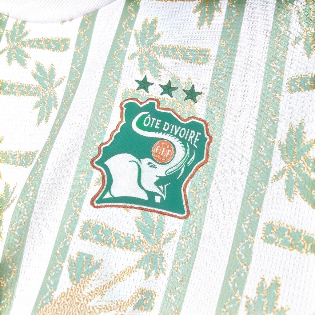 Leazofoot Côte d'Ivoire 2026 away jersey featuring a white and green striped pattern with palm tree motifs.