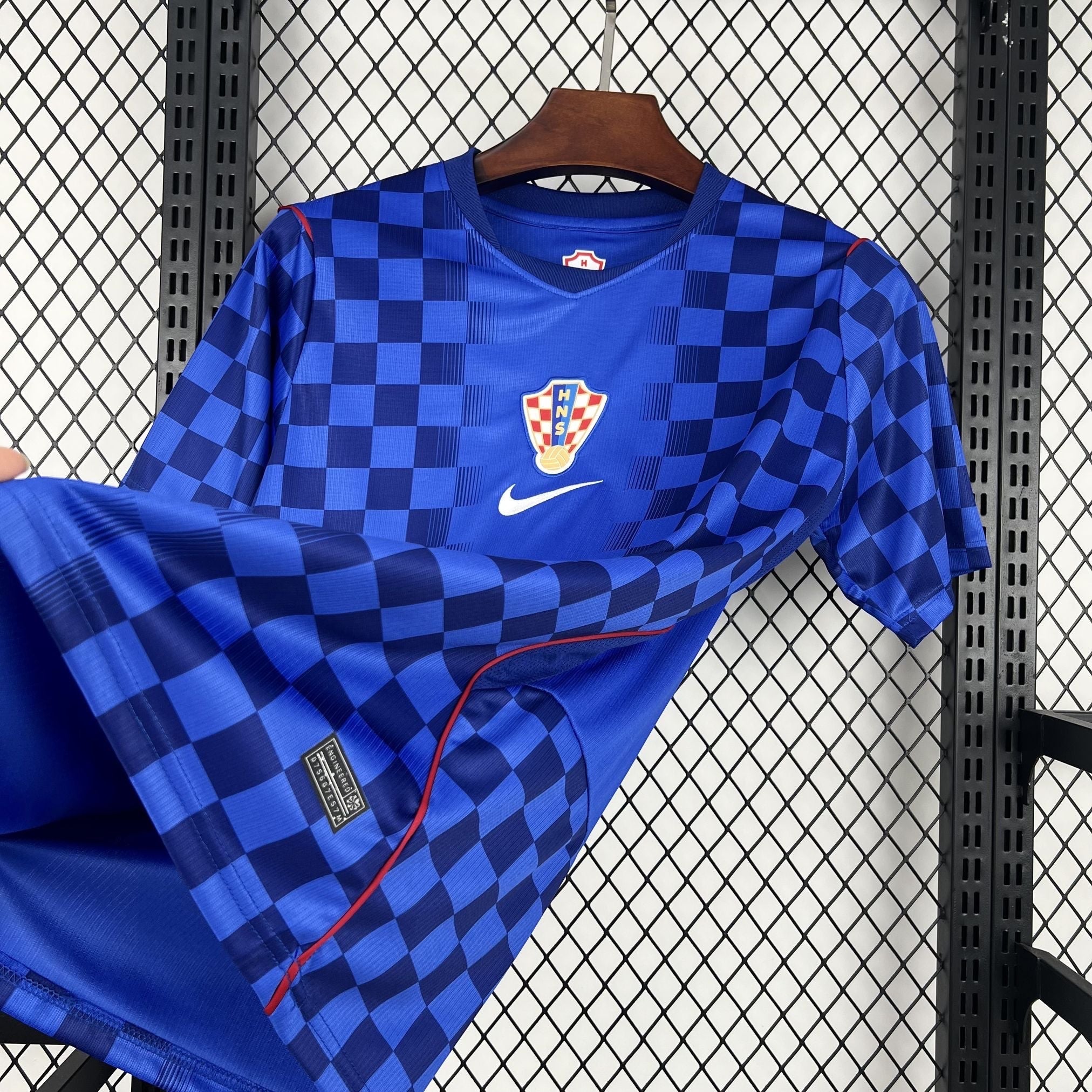 Leazofoot Croatia 2026 away soccer jersey with blue and dark blue checkerboard pattern, featuring the national crest and Nike logo.