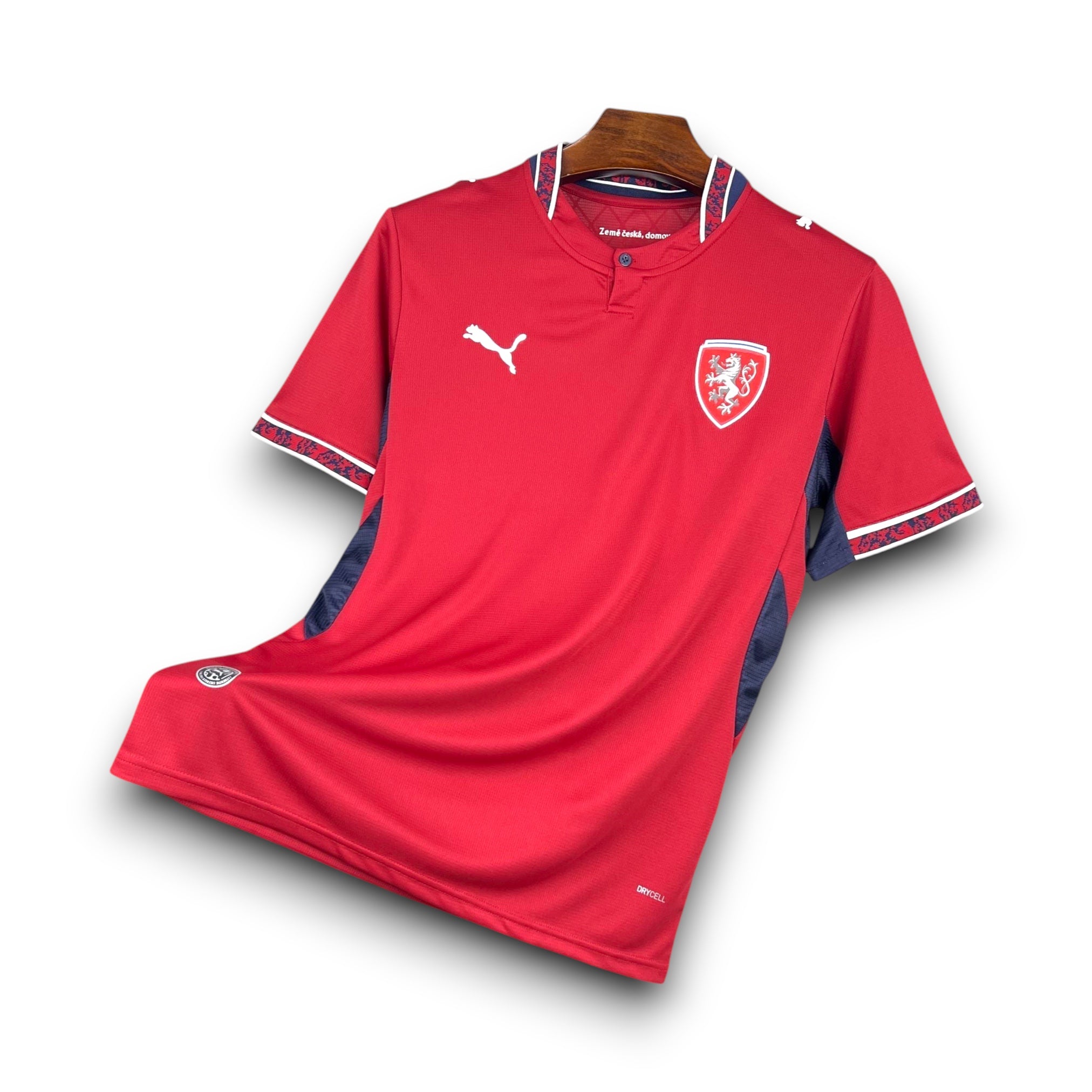 Leazofoot Czech Republic 2026 home soccer jersey. Red with navy blue accents and white trim. Features Puma logo and team crest.