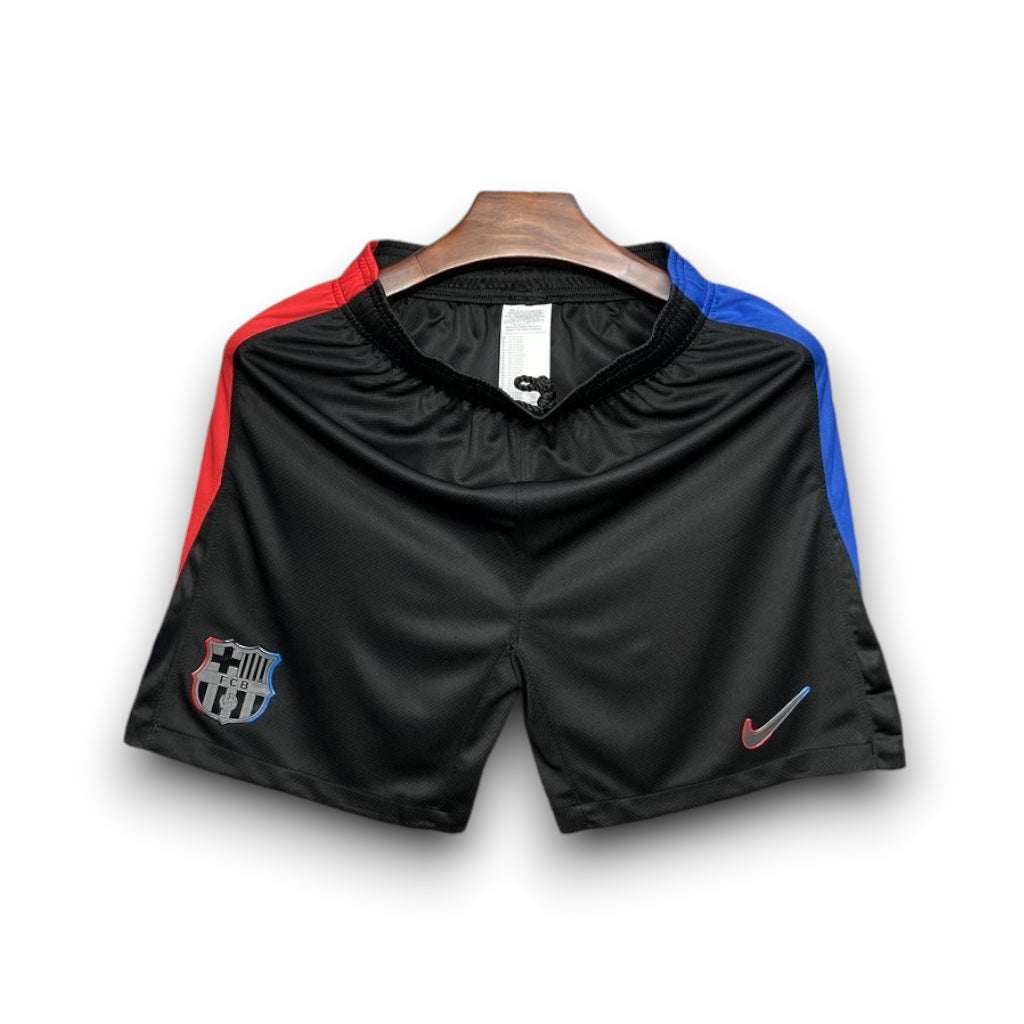 Leazofoot FC Barcelona 24/25 away shorts in black with red and blue side panels and team crest