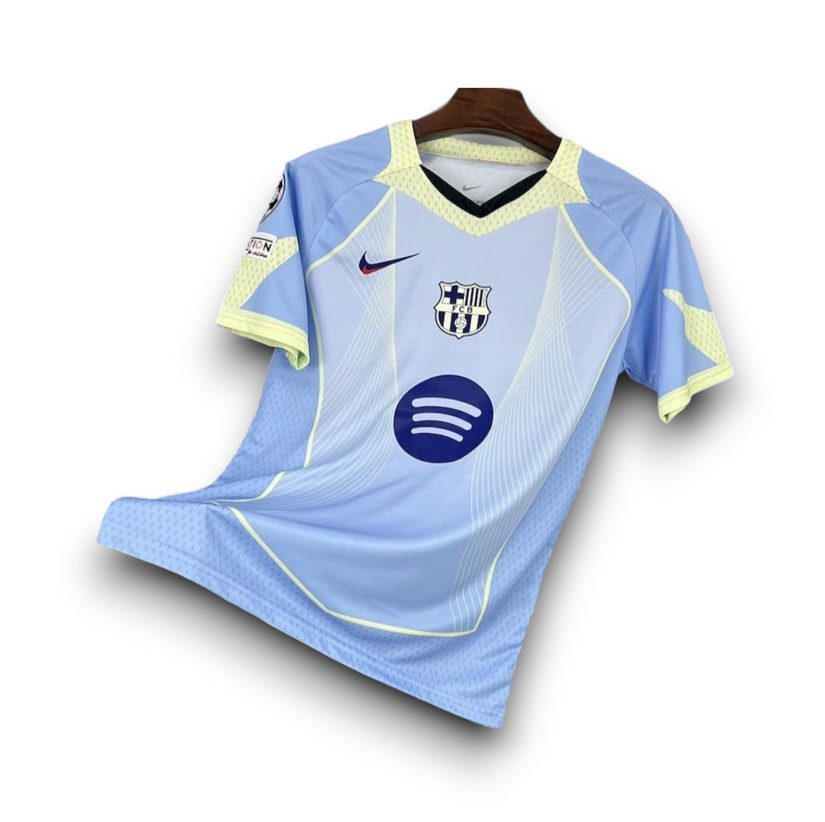 Leazofoot FC Barcelona 25/26 concept jersey in light blue with yellow accents, featuring club crest and sponsor logo.