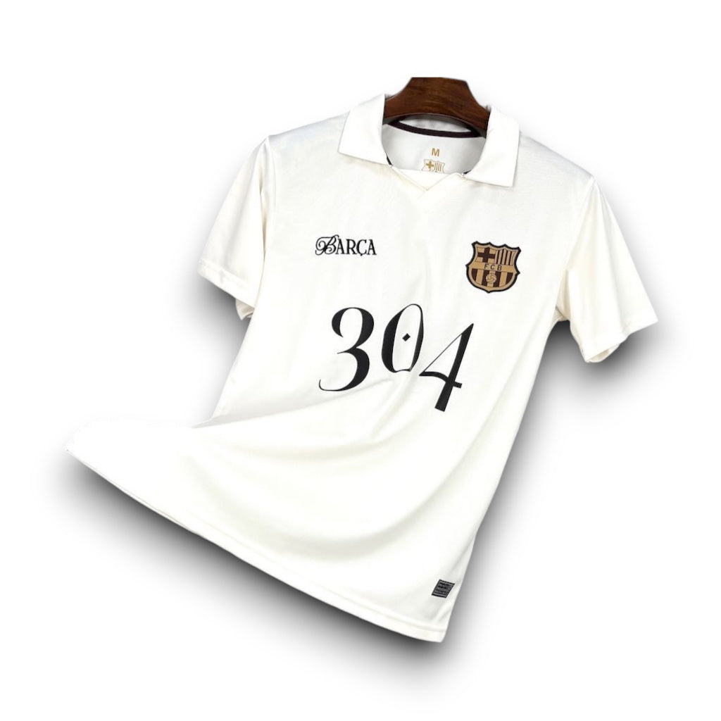 Leazofoot FC Barcelona Lamine Yamal 24/25 concept jersey in off-white with black lettering and club crest