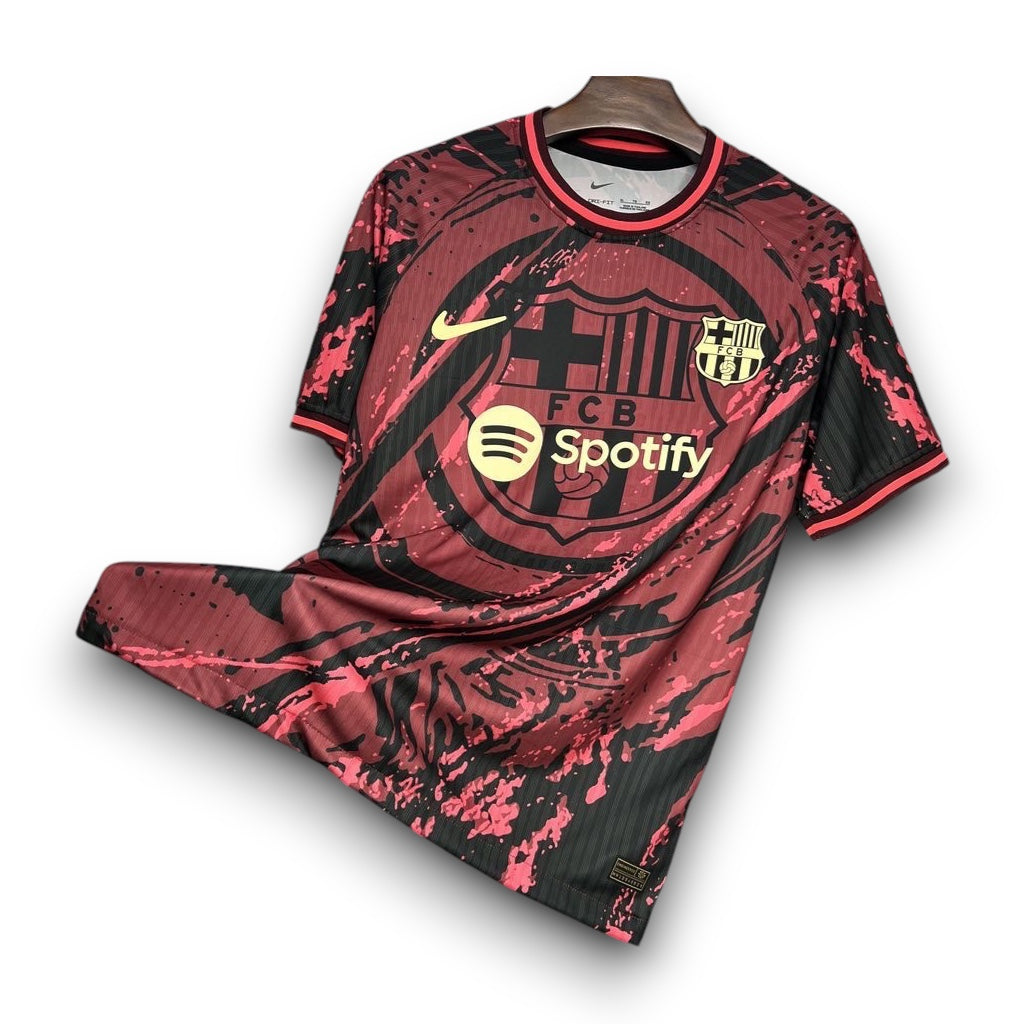 Leazofoot FC Barcelona 24/25 concept jersey in black and maroon with a unique abstract paint splatter pattern
