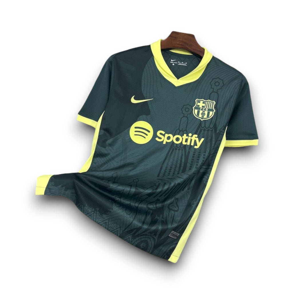 Leazofoot FC Barcelona 24/25 training jersey in dark green with neon yellow accents, Nike logo, and Spotify sponsor.