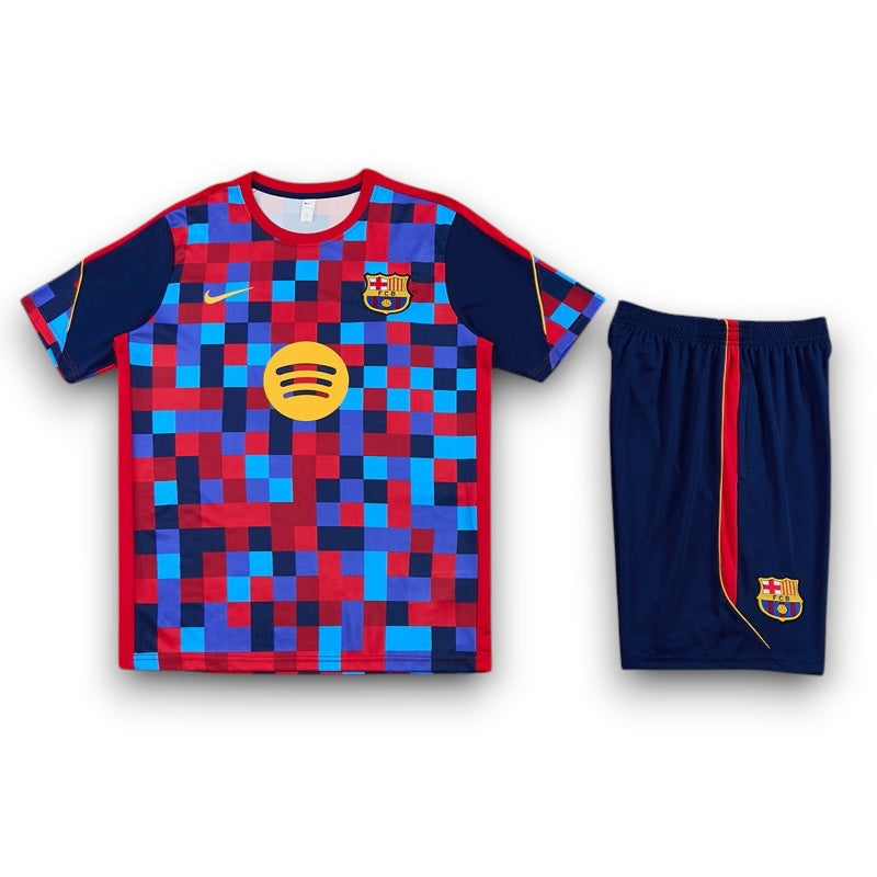 Leazofoot FC Barcelona 2026-2027 training kit featuring a blue, red, and pixelated pattern jersey and navy shorts.