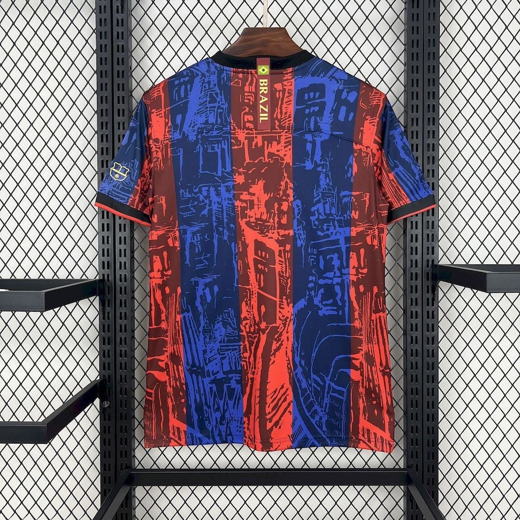 Leazofoot FC Barcelone 24/25 concept jersey featuring a red and blue abstract graphic print and Brazil neck detail.