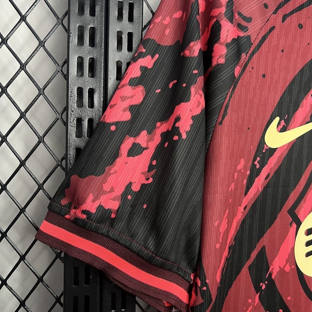 Leazofoot FC Barcelone 24/25 concept football jersey featuring a black and red abstract paint splatter design