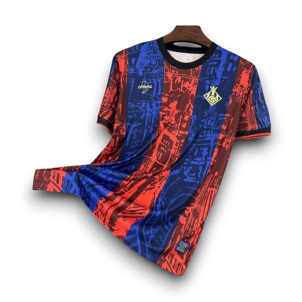 Leazofoot FC Barcelone 24/25 concept football jersey featuring a blue and red abstract graphic pattern