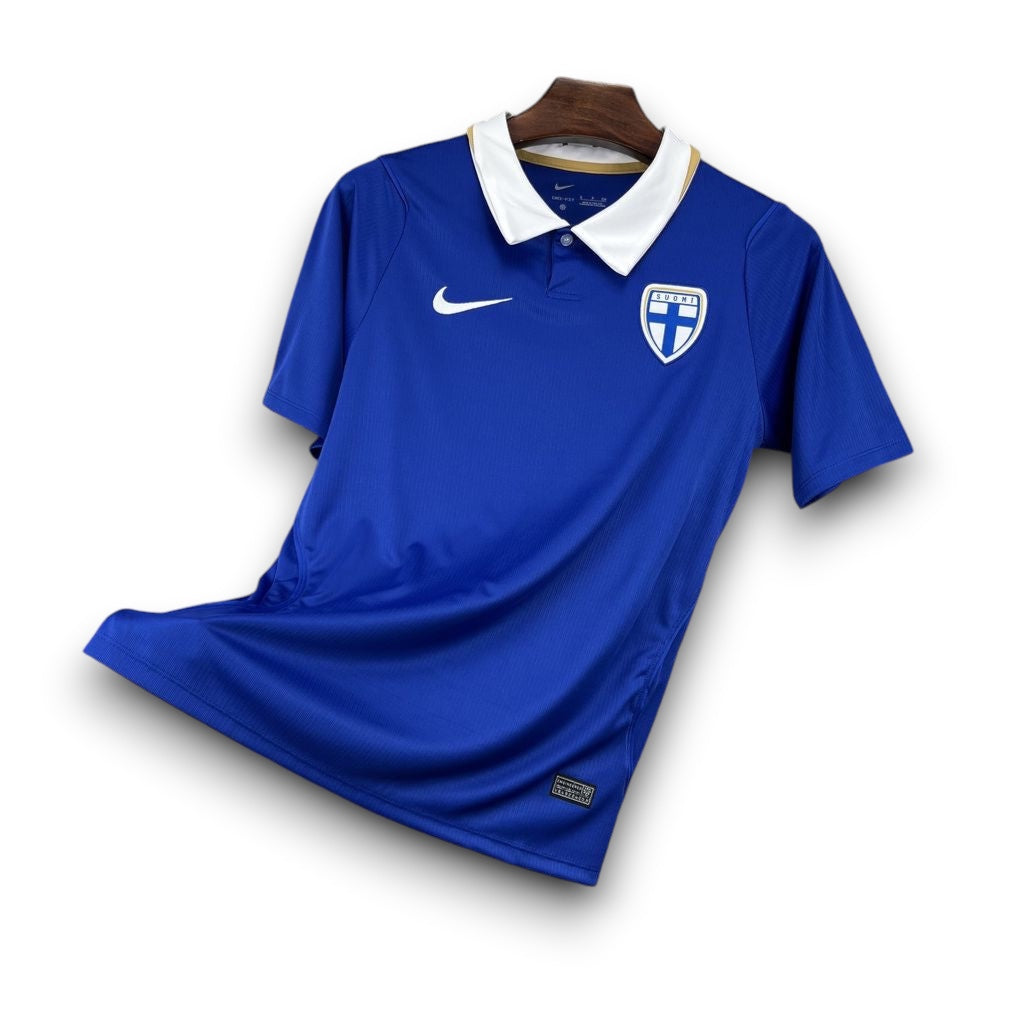 Leazofoot Finland 2026 away soccer jersey in blue with a white polo collar and national team crest.