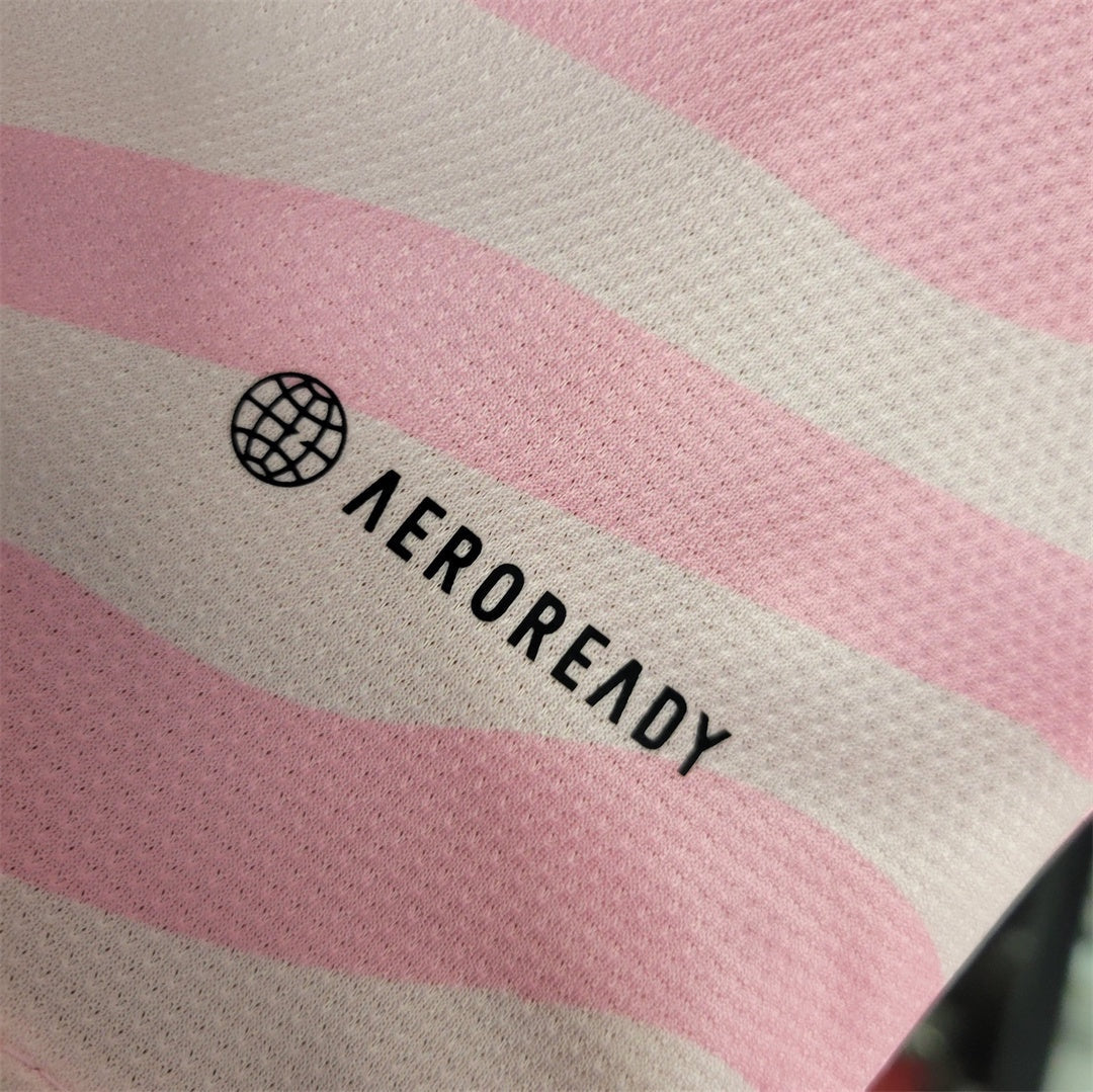 Leazofoot Flamengo concept jersey fabric detail featuring pink and white stripes with black Aeroready logo