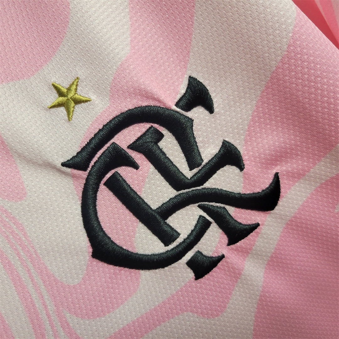Leazofoot Flamengo 23/24 Rose concept jersey featuring a black embroidered club crest and gold star on pink fabric