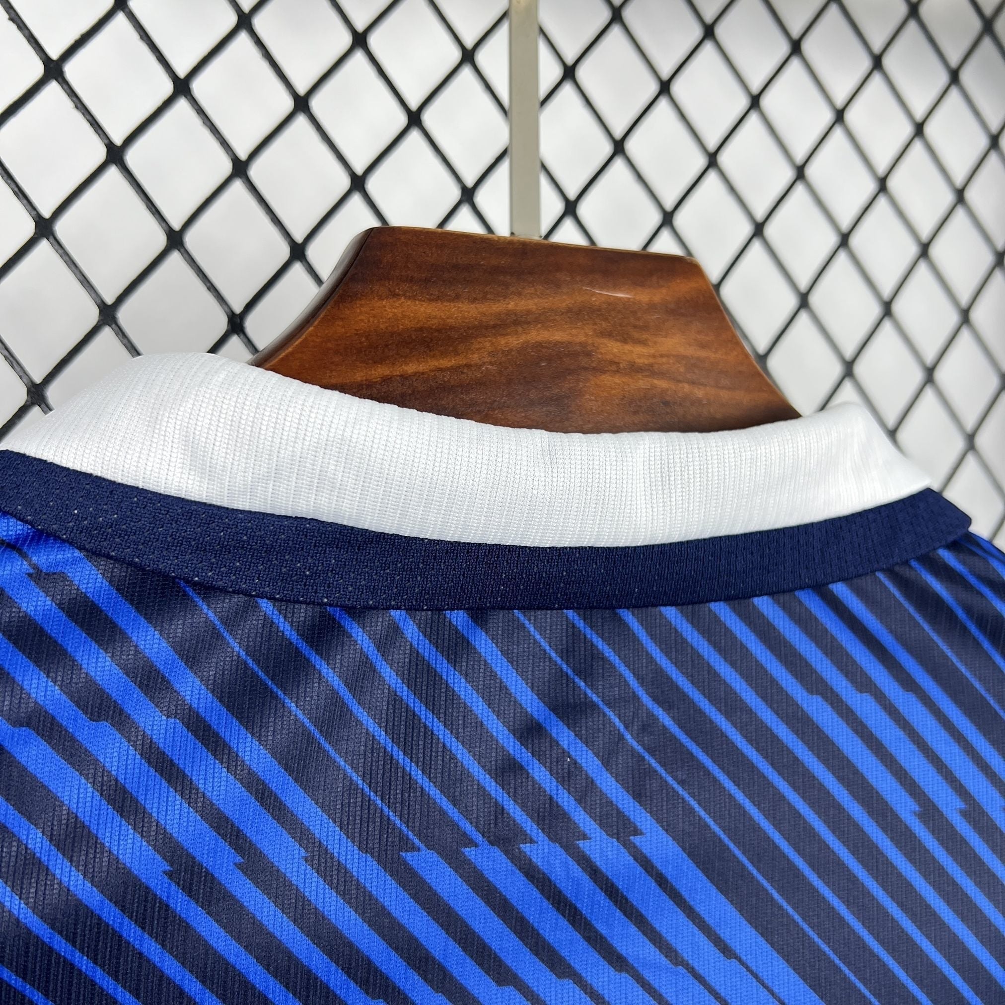 Leazofoot France 2026 home long sleeve soccer jersey featuring a blue striped pattern and a white ribbed collar.