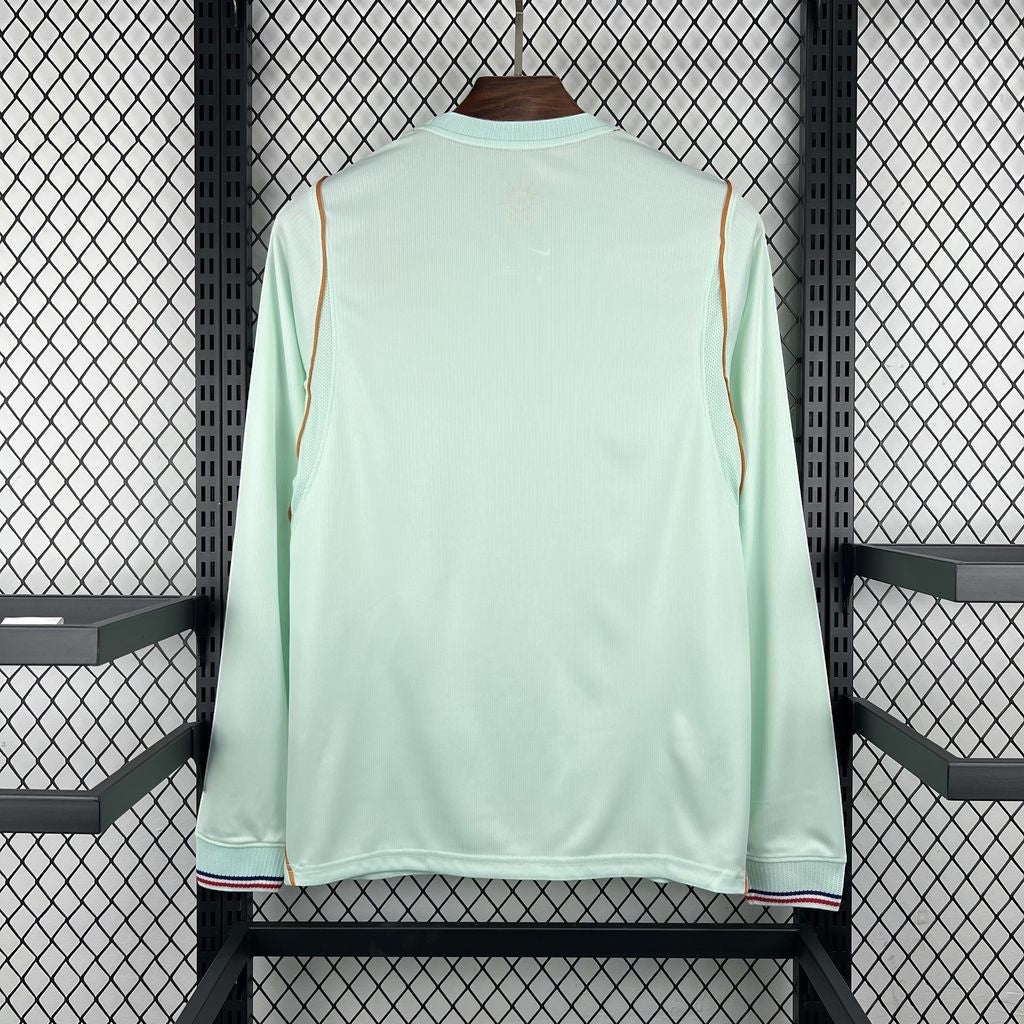 Back view of Leazofoot France 2026 long-sleeve away jersey in mint green with brown trim and striped cuffs