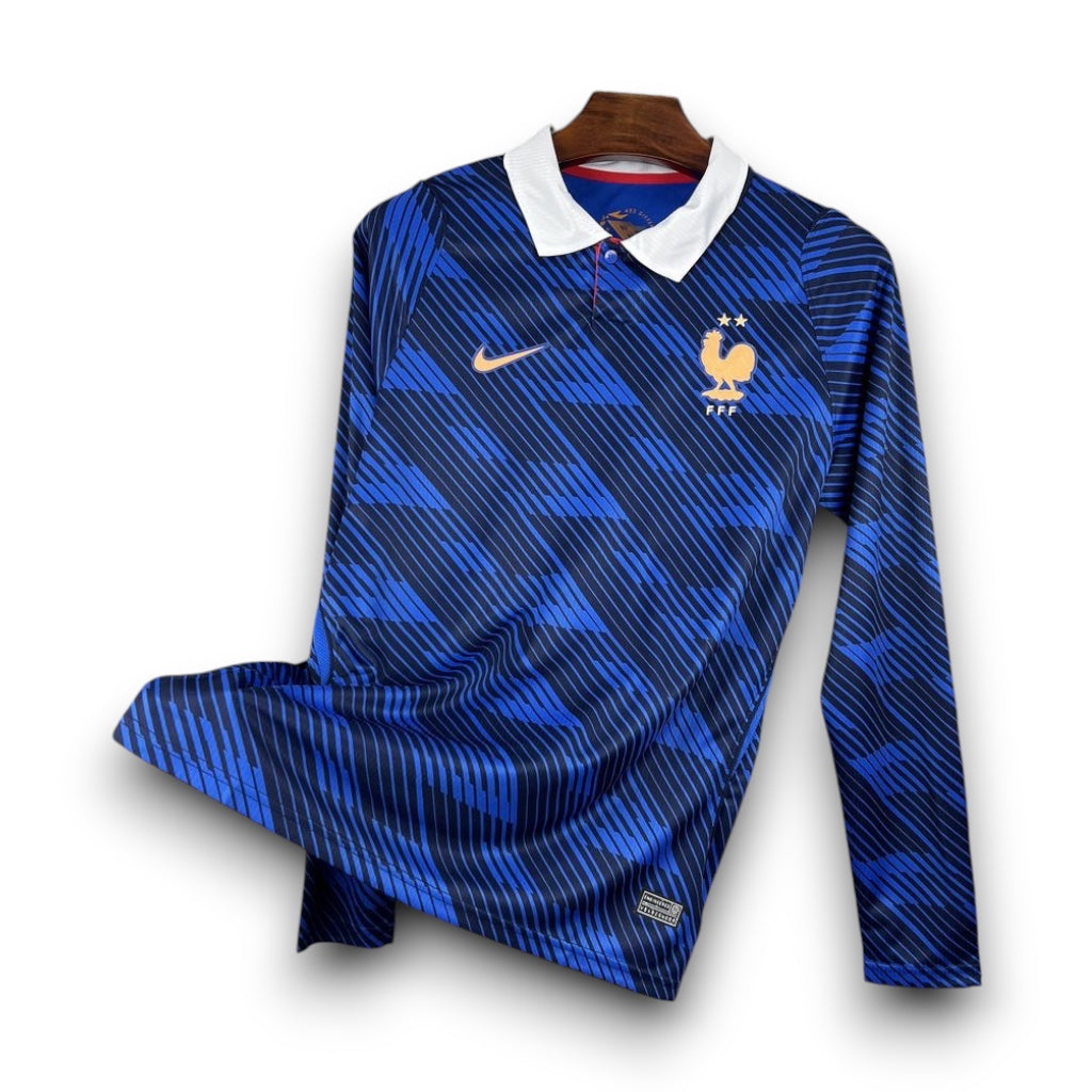 Leazofoot France 2026 long-sleeve home soccer jersey in blue with white polo collar and gold team crest