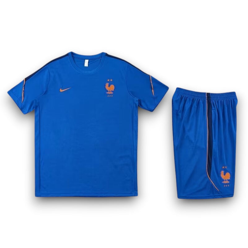Leazofoot France 2026 training set featuring a blue short-sleeve jersey and matching shorts with orange accents.