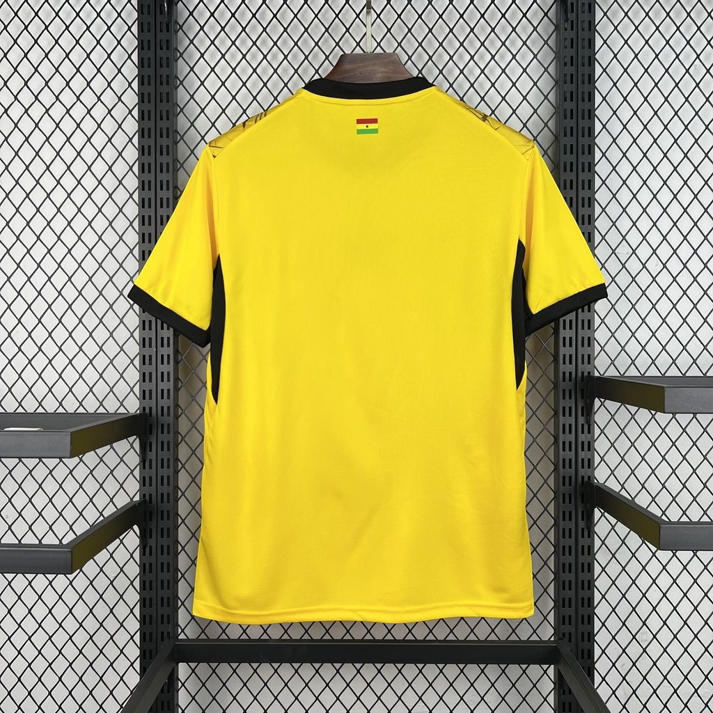 Leazofoot Ghana 2026 away soccer jersey in yellow with black trim and national flag detail on the back neckline.