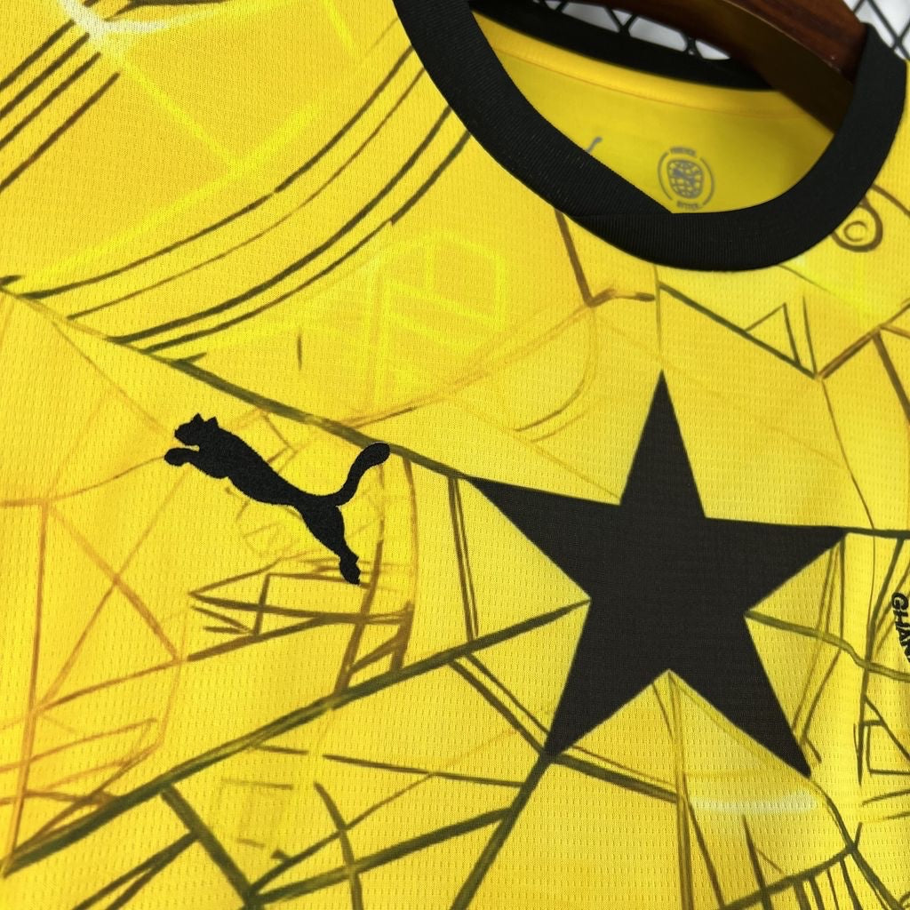 Leazofoot Ghana 2026 away soccer jersey in yellow with black star graphic, crew neck, and Puma logo detail.