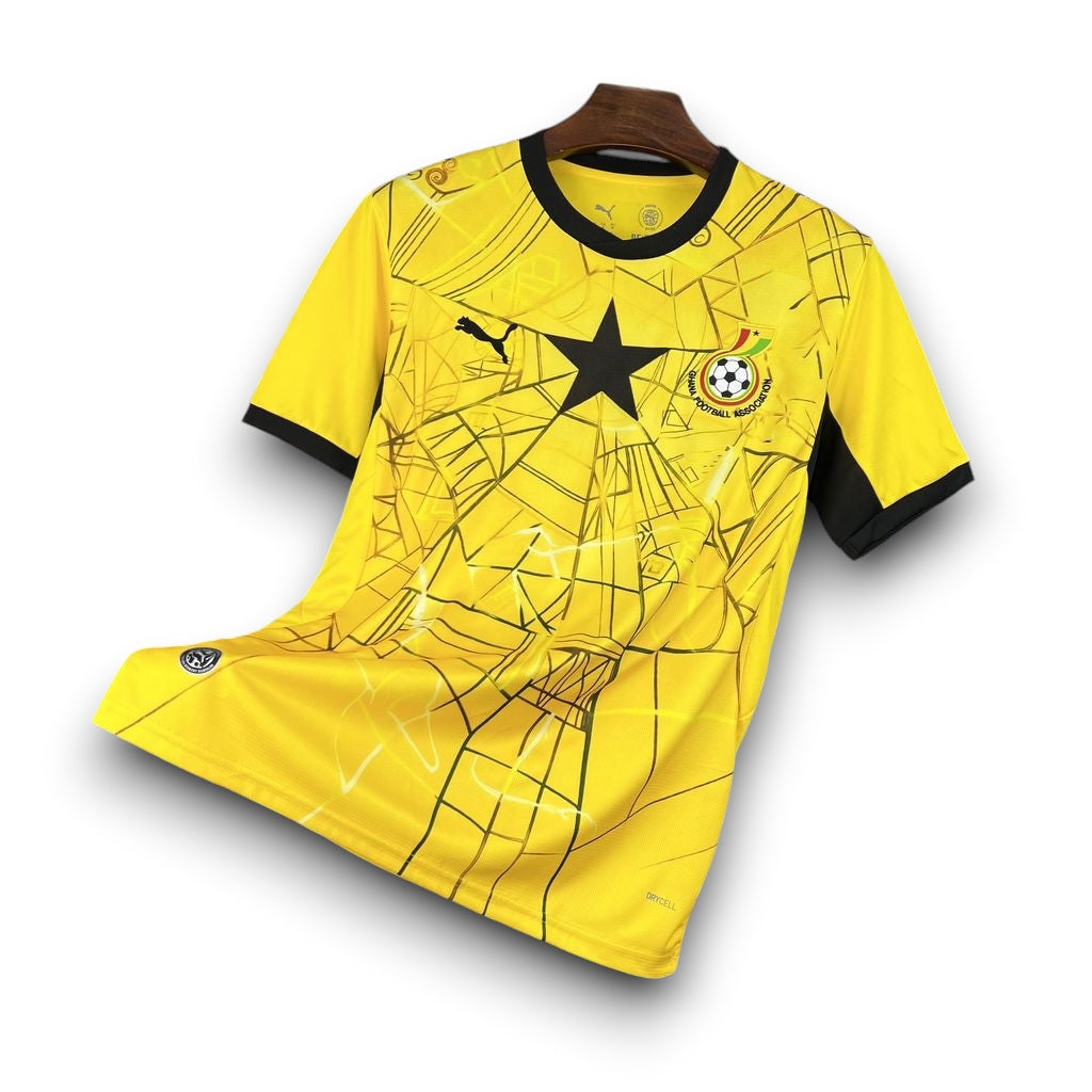 Leazofoot Ghana 2026 away soccer jersey in yellow with black geometric patterns, star emblem, and team crest.