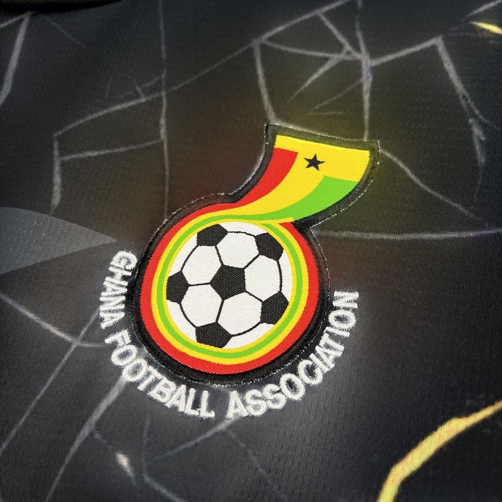 Leazofoot Ghana 2026 third football jersey featuring the Ghana Football Association crest on a black patterned fabric