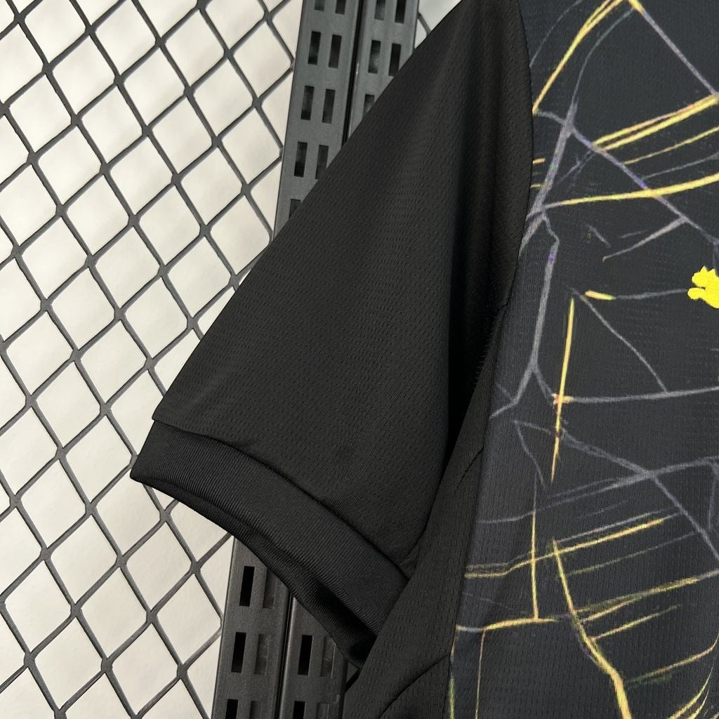 Leazofoot Ghana 2026 third soccer jersey in black with yellow graphic pattern and breathable mesh fabric.