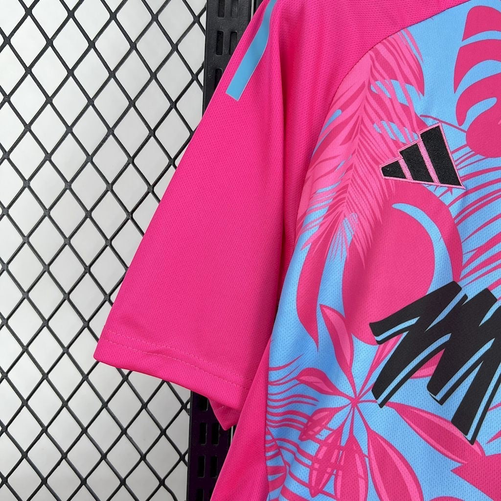 Leazofoot INTER MIAMI concept jersey 25/26, vibrant pink and light blue with tropical leaf print and black Adidas logo.