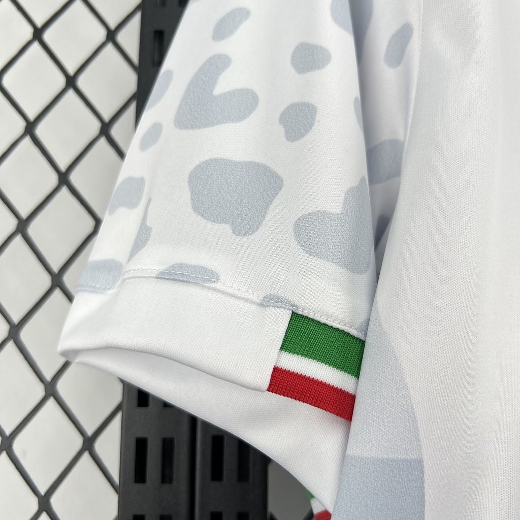 Leazofoot Iran 2026 home jersey sleeve with white and grey leopard print pattern and green, white, red trim detail.
