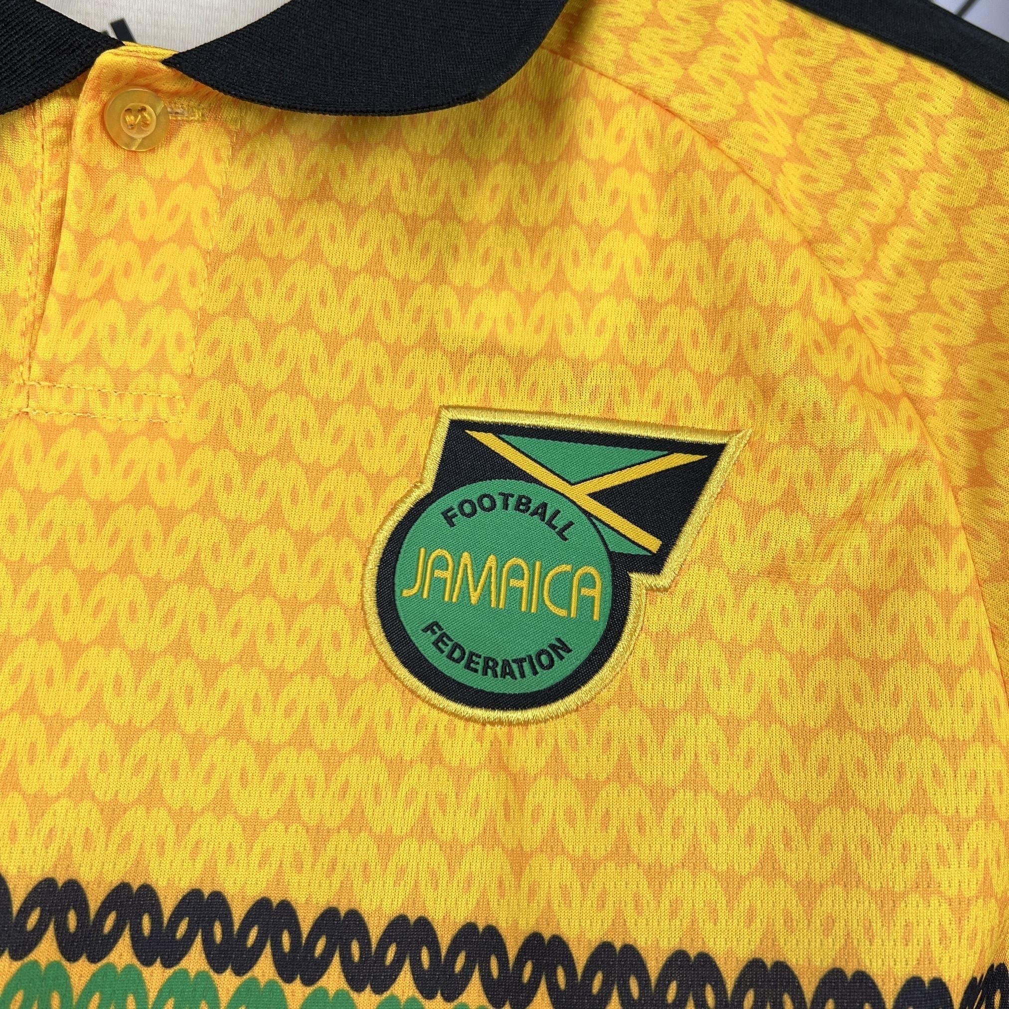 Leazofoot Jamaica 2026 home soccer jersey in yellow with black collar and embroidered national team crest