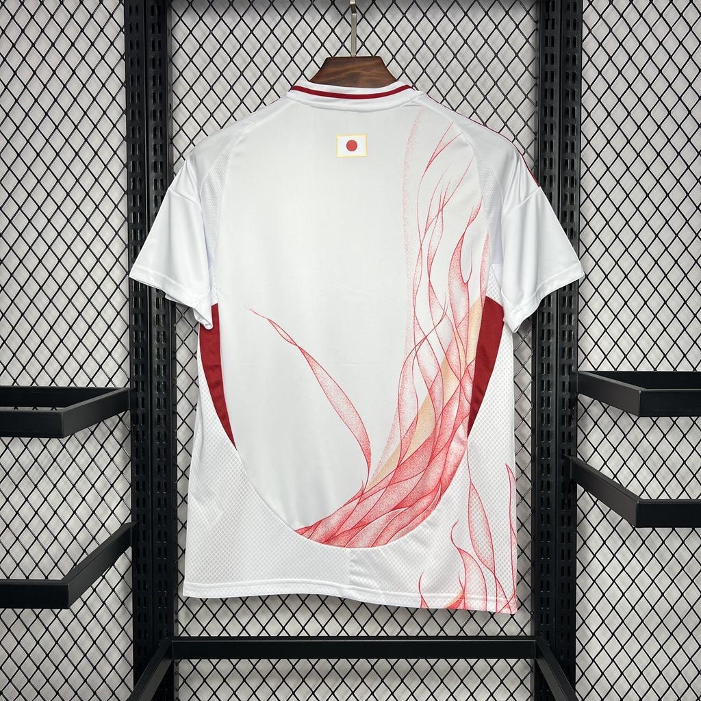 Leazofoot Japan 2024 away football jersey in white with red abstract flame graphic and national flag detail
