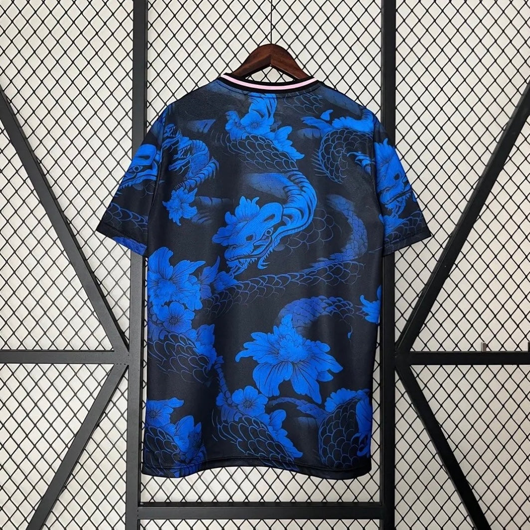 Leazofoot Japan 2024 concept football jersey featuring a black and blue dragon and floral pattern on a hanger.