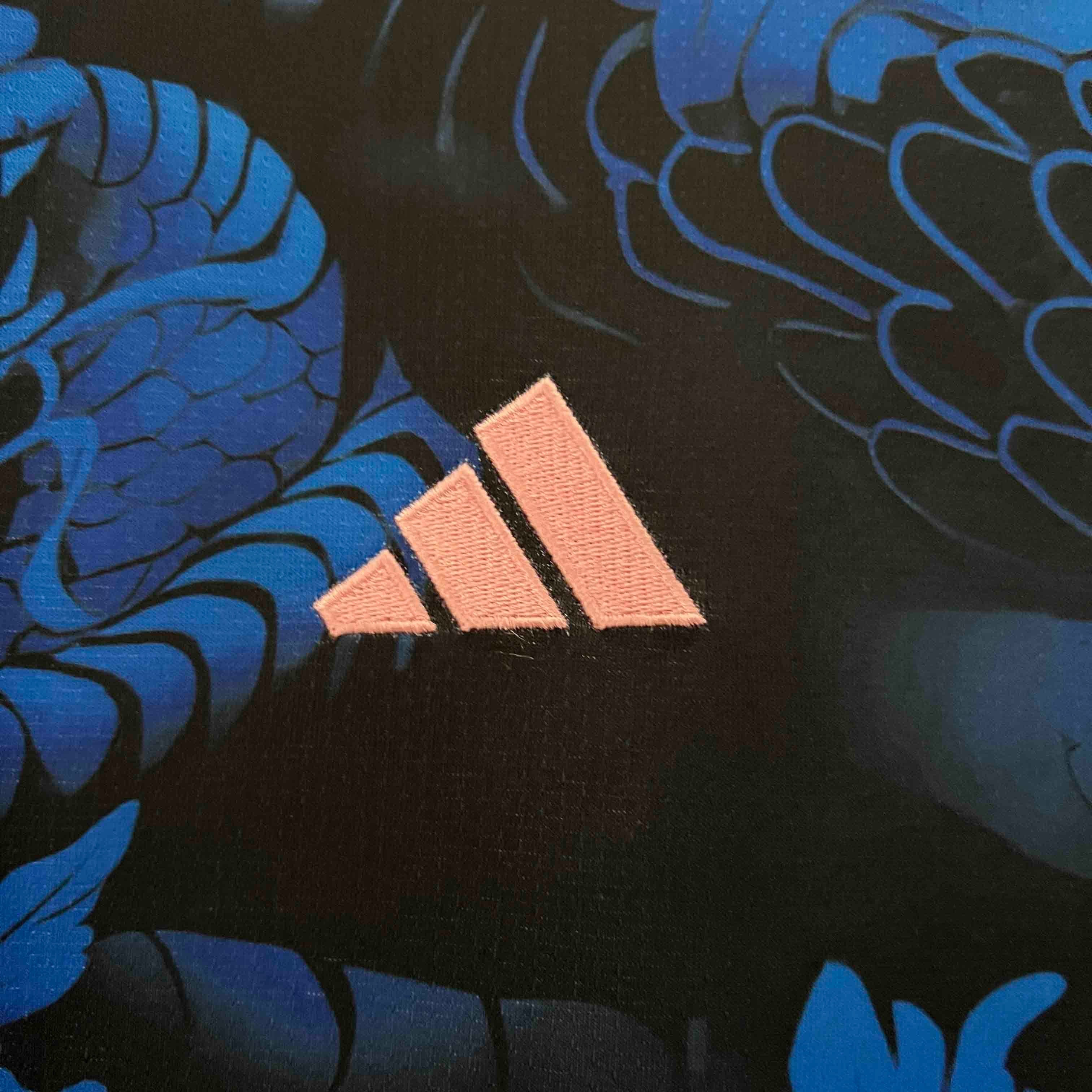 Leazofoot Japan 2024 concept football jersey featuring a black and blue dragon print with a pink embroidered logo