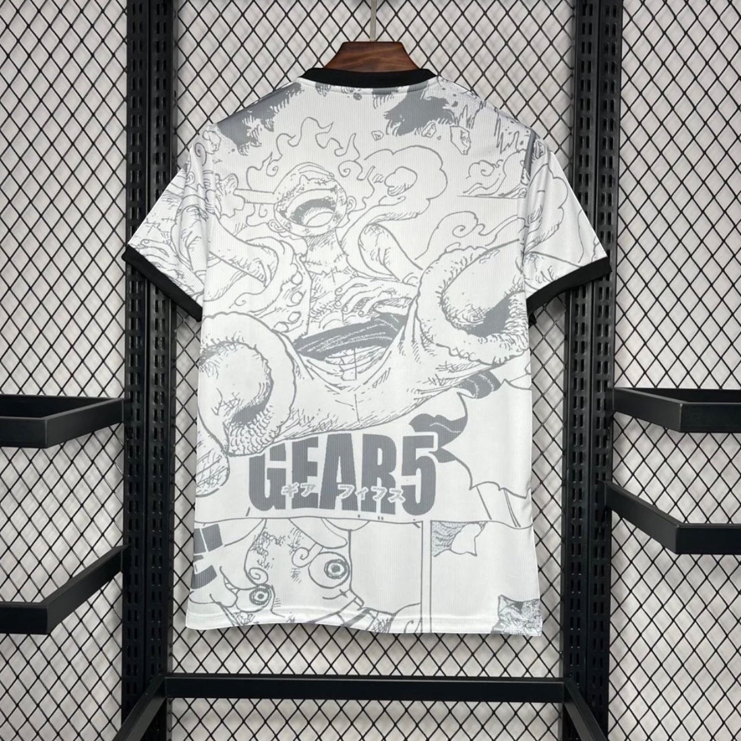 Leazofoot Japan 2024 concept soccer jersey featuring a black and white One Piece Gear 5 Luffy manga graphic print.