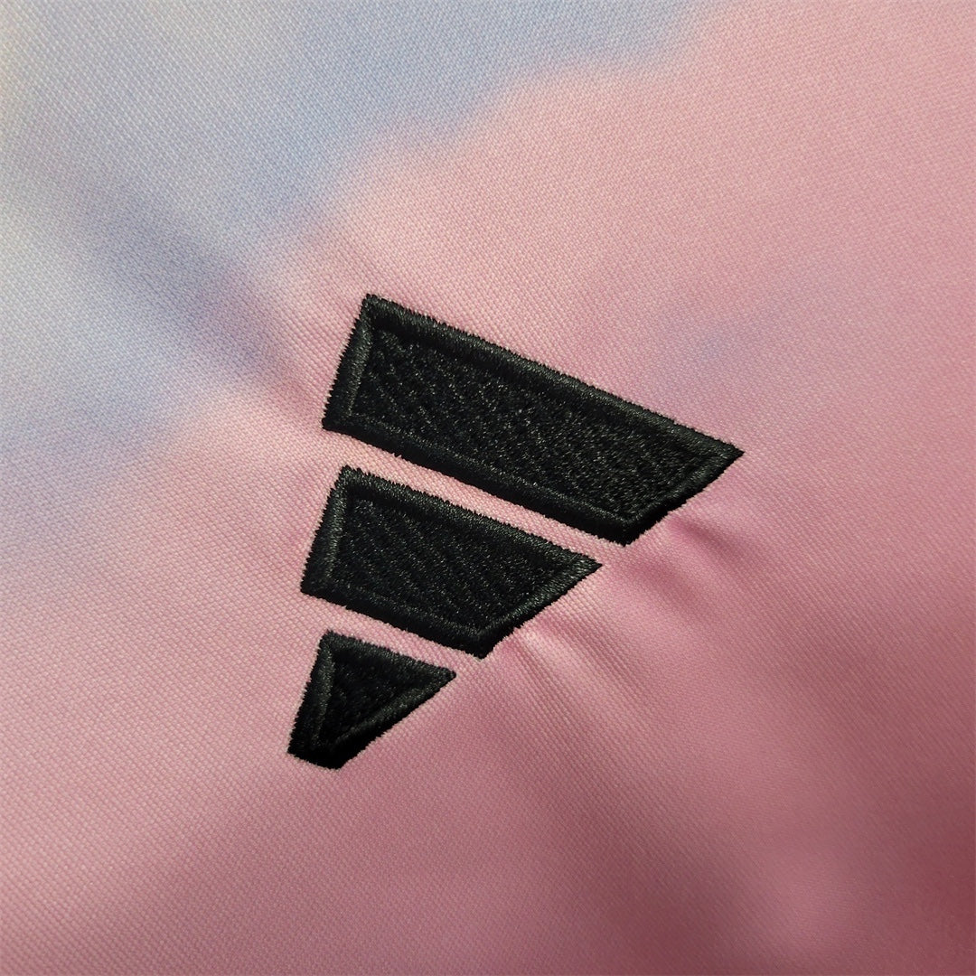 Leazofoot Japan 25/26 special edition soccer jersey featuring a pink and blue tie-dye pattern with black embroidery.