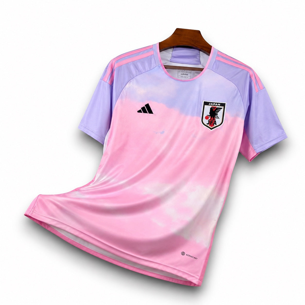 Leazofoot Japan 25/26 special edition soccer jersey in pink and lavender cloud print with Adidas branding