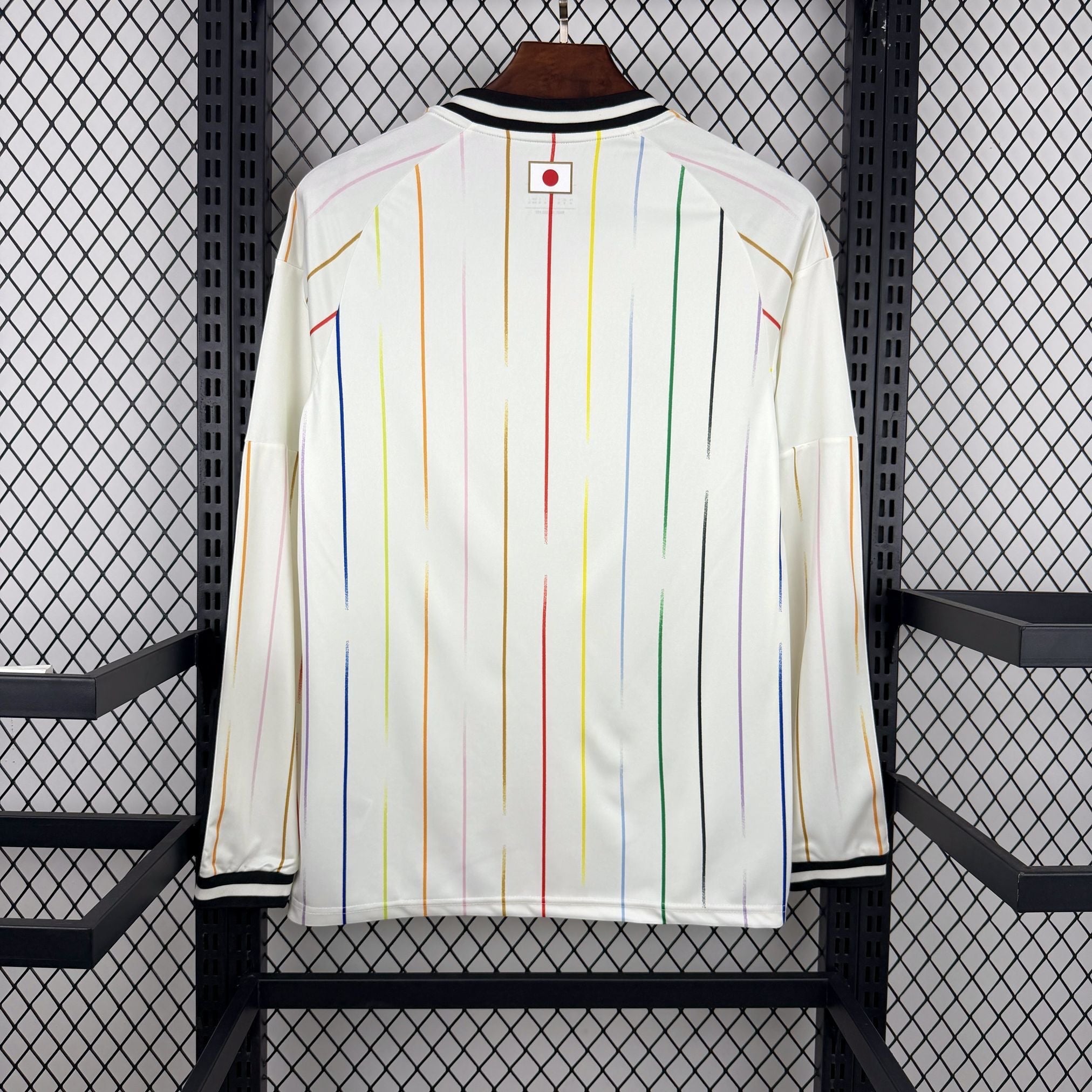 Leazofoot white long sleeve soccer jersey with vertical rainbow stripes and Japan flag detail.