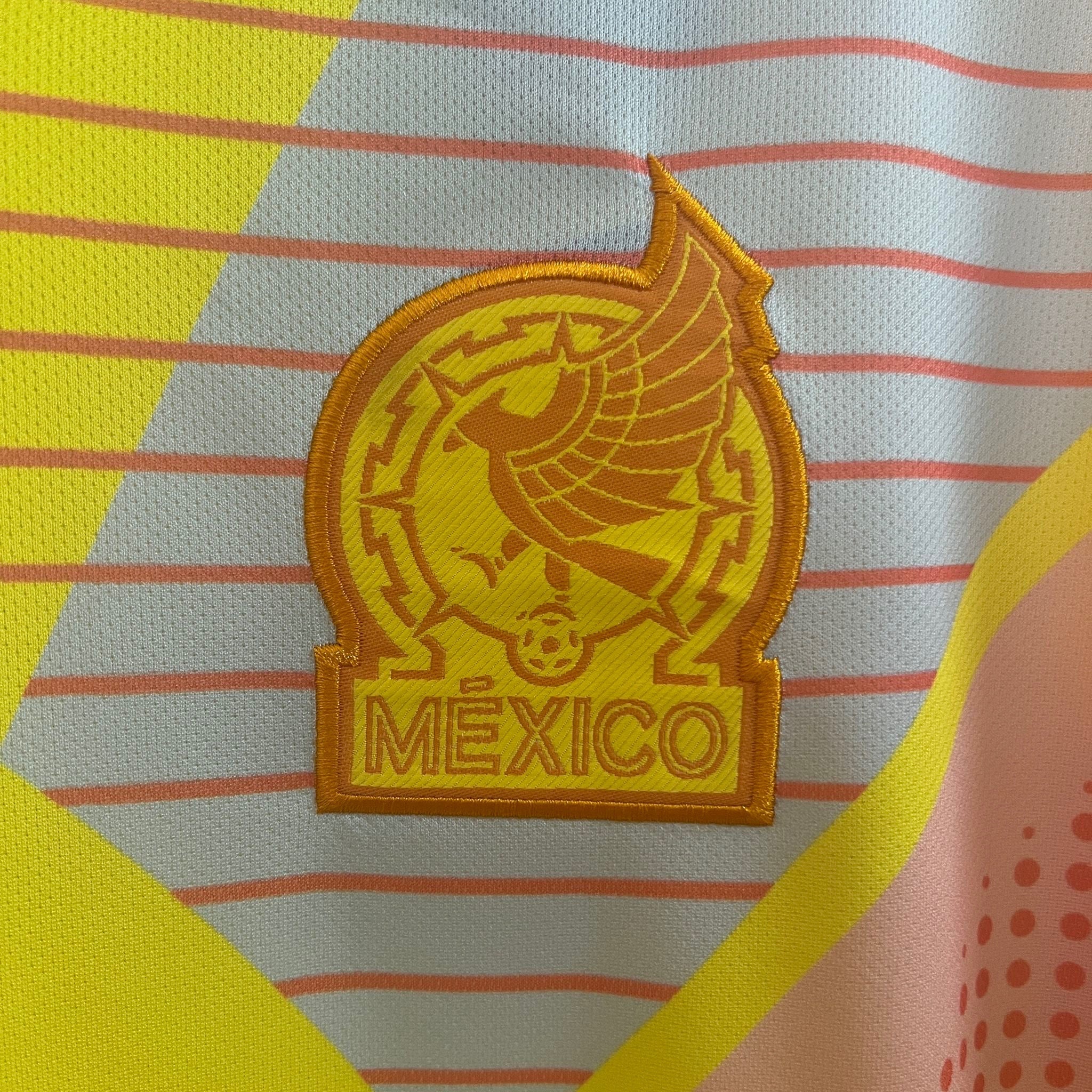 Leazofoot Mexico 2024 goalkeeper jersey featuring an embroidered team crest with yellow and orange geometric patterns.