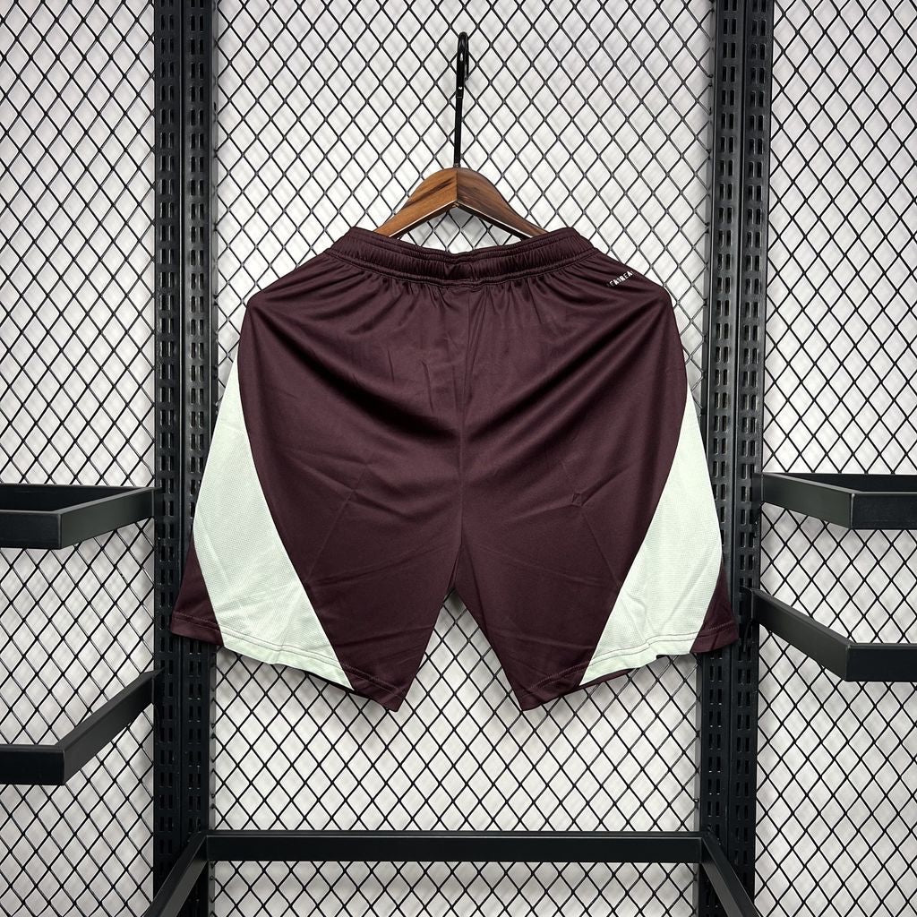 Leazofoot Mexico 2024 concept soccer shorts in burgundy with white side panels, lightweight athletic fabric.