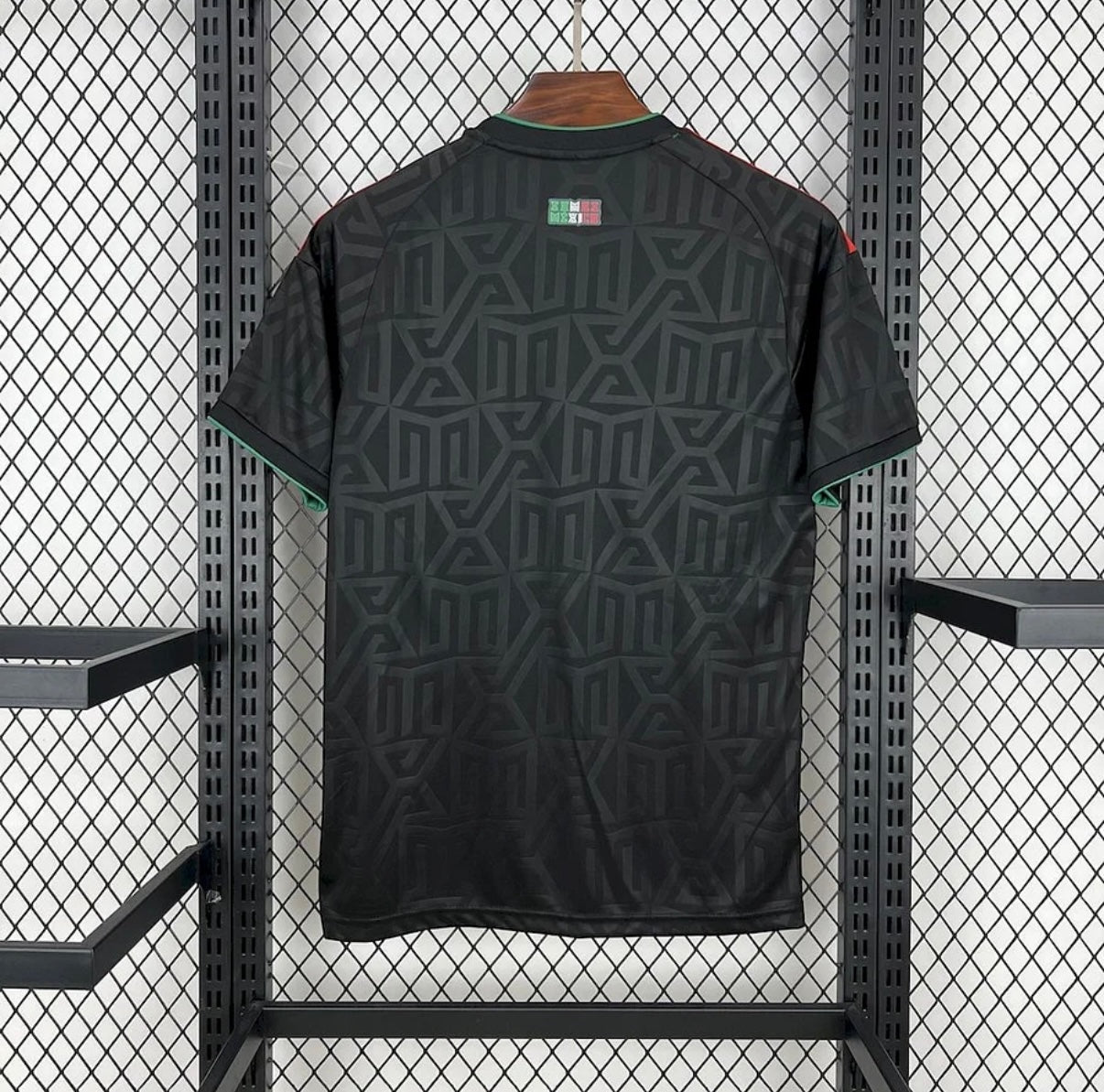 Leazofoot Mexico 2025 away soccer jersey in black with geometric patterns, green trim, and back neck detail.