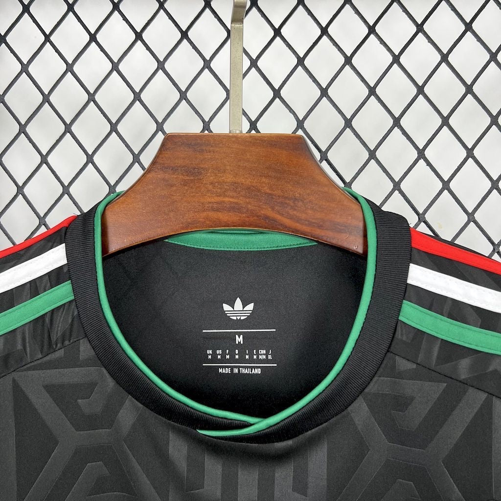 Leazofoot Mexico 2025 away soccer jersey in black with green, white, and red shoulder stripes and patterned fabric.
