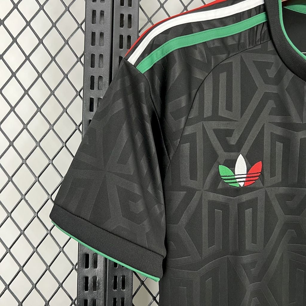 Leazofoot Mexico 2025 away soccer jersey in black with geometric pattern, tricolor accents, and embroidered logo.