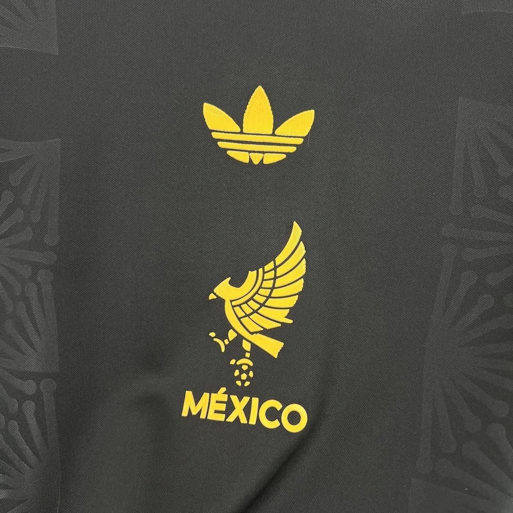 Leazofoot Mexico 2025 concept soccer jersey in black with yellow eagle crest and trefoil logo detailing.
