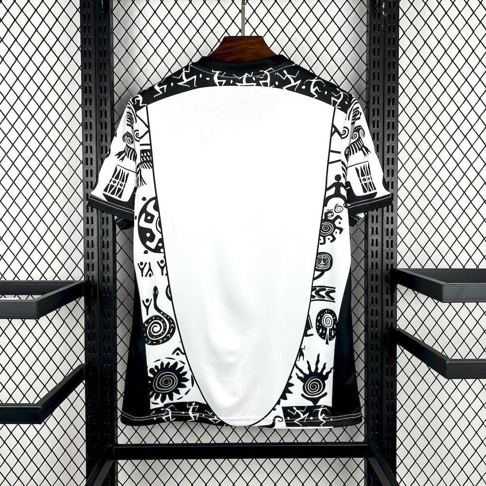 Leazofoot Mexico 2026 concept soccer jersey in white and black with traditional Aztec-inspired graphic patterns.