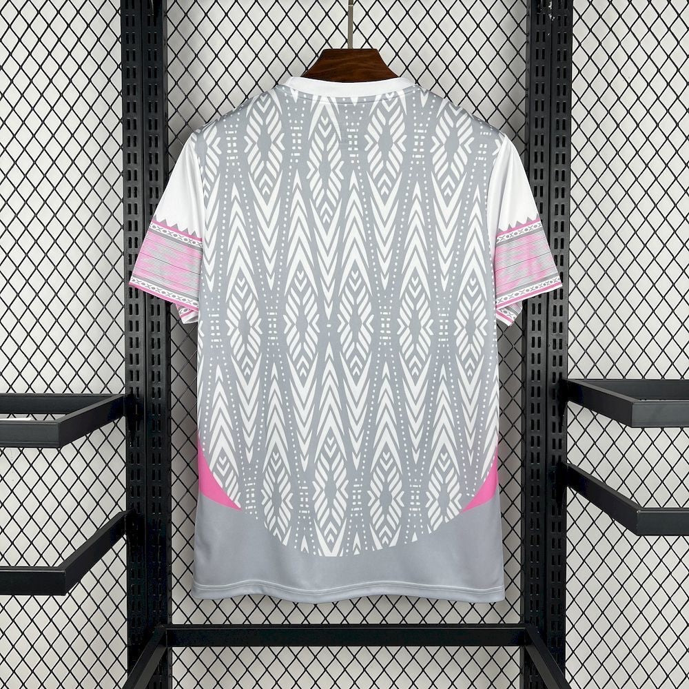 Leazofoot Mexico 2026 concept soccer jersey in white and grey with pink sleeve accents and geometric patterns.