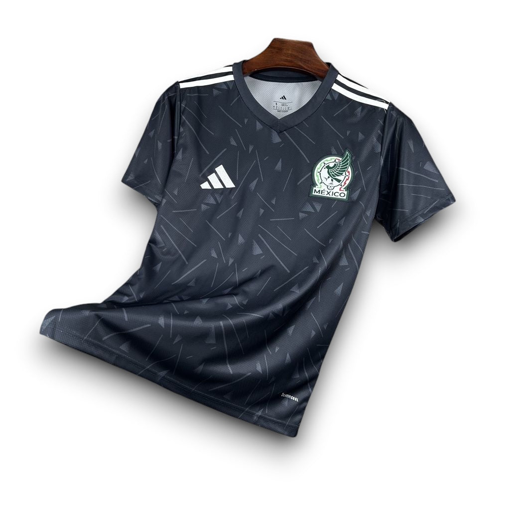 Leazofoot Mexico 2026 concept soccer jersey in black with geometric pattern, white stripes, and team crest.