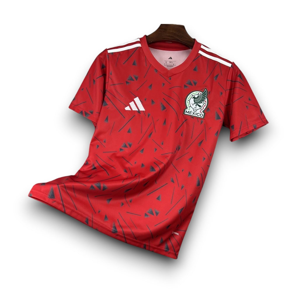 Leazofoot red Mexico 2026 pre-match soccer jersey with black geometric pattern, white stripes, and team crest.