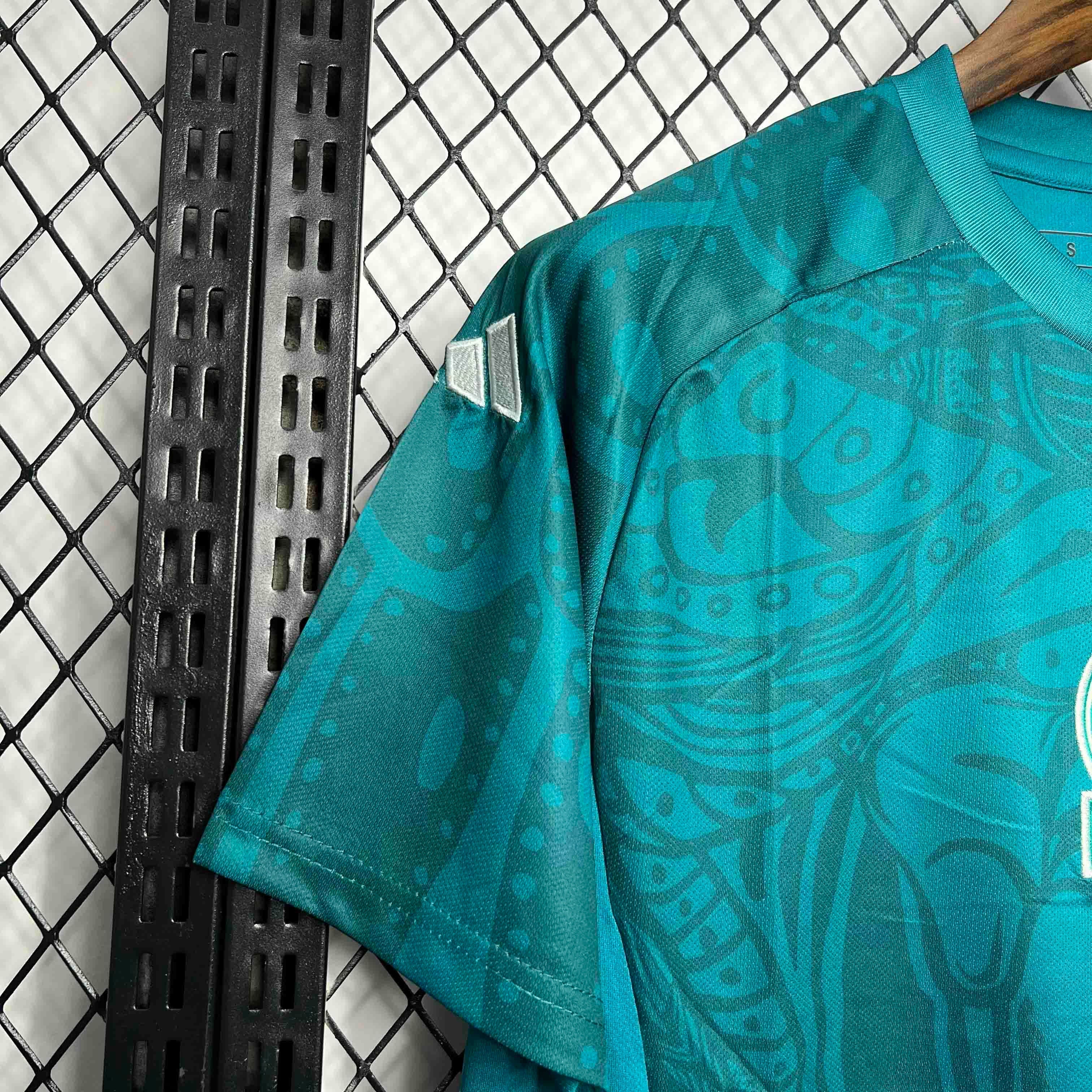 Leazofoot Mexico 24/25 special edition football jersey in teal with intricate tonal graphic patterns.