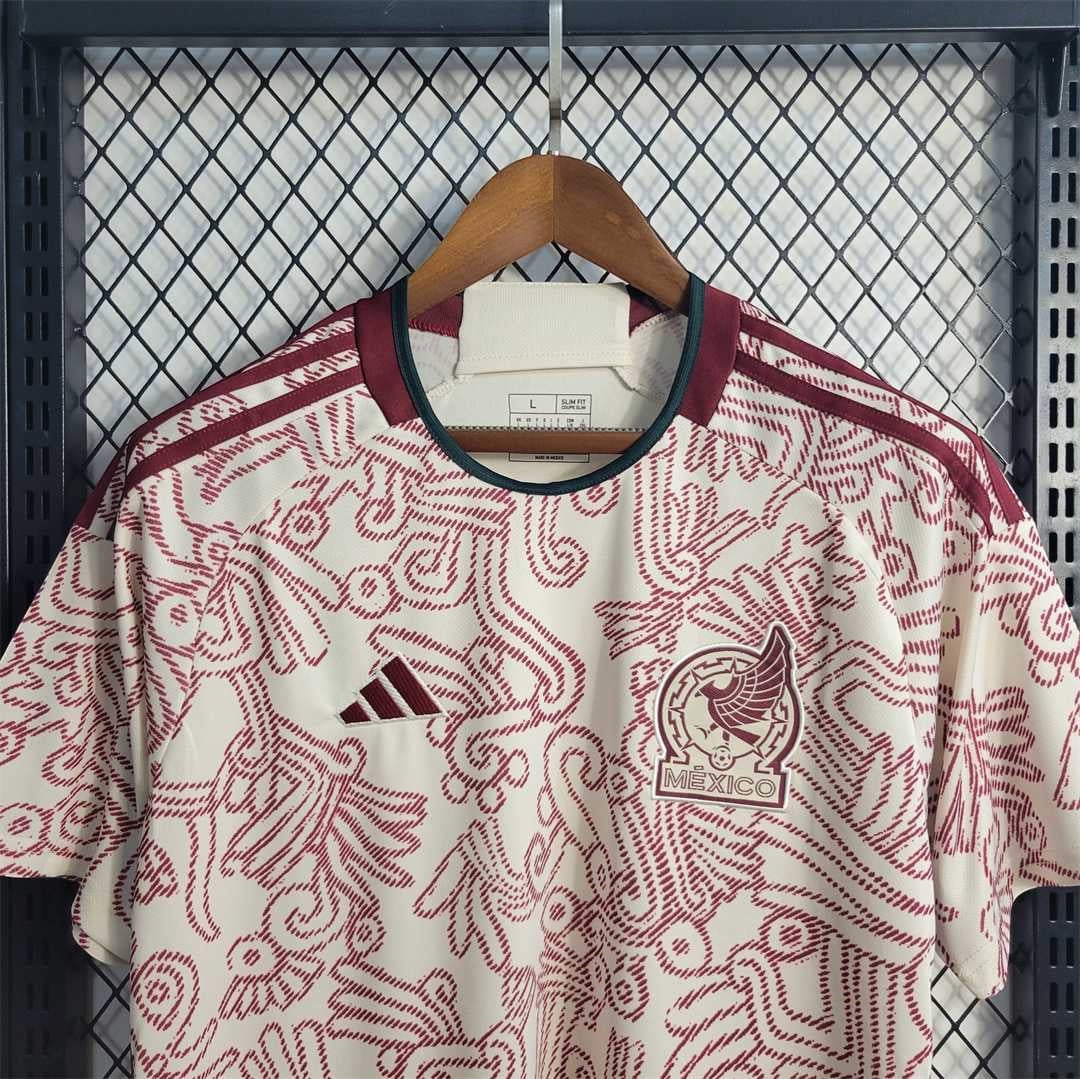 Leazofoot Mexico 24/25 special edition soccer jersey in off-white with maroon Aztec-inspired graphic print.