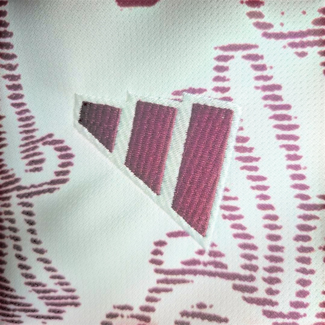 Leazofoot Mexico 24/25 special edition soccer jersey featuring a white fabric with a maroon patterned design.