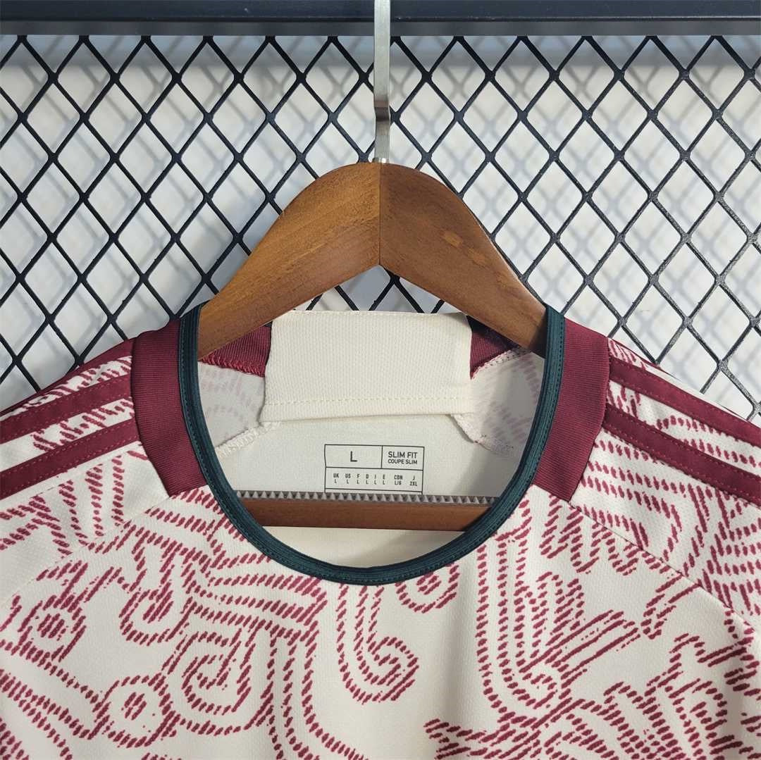 Leazofoot Mexico 24/25 special edition soccer jersey in cream with maroon patterned details and slim fit design.