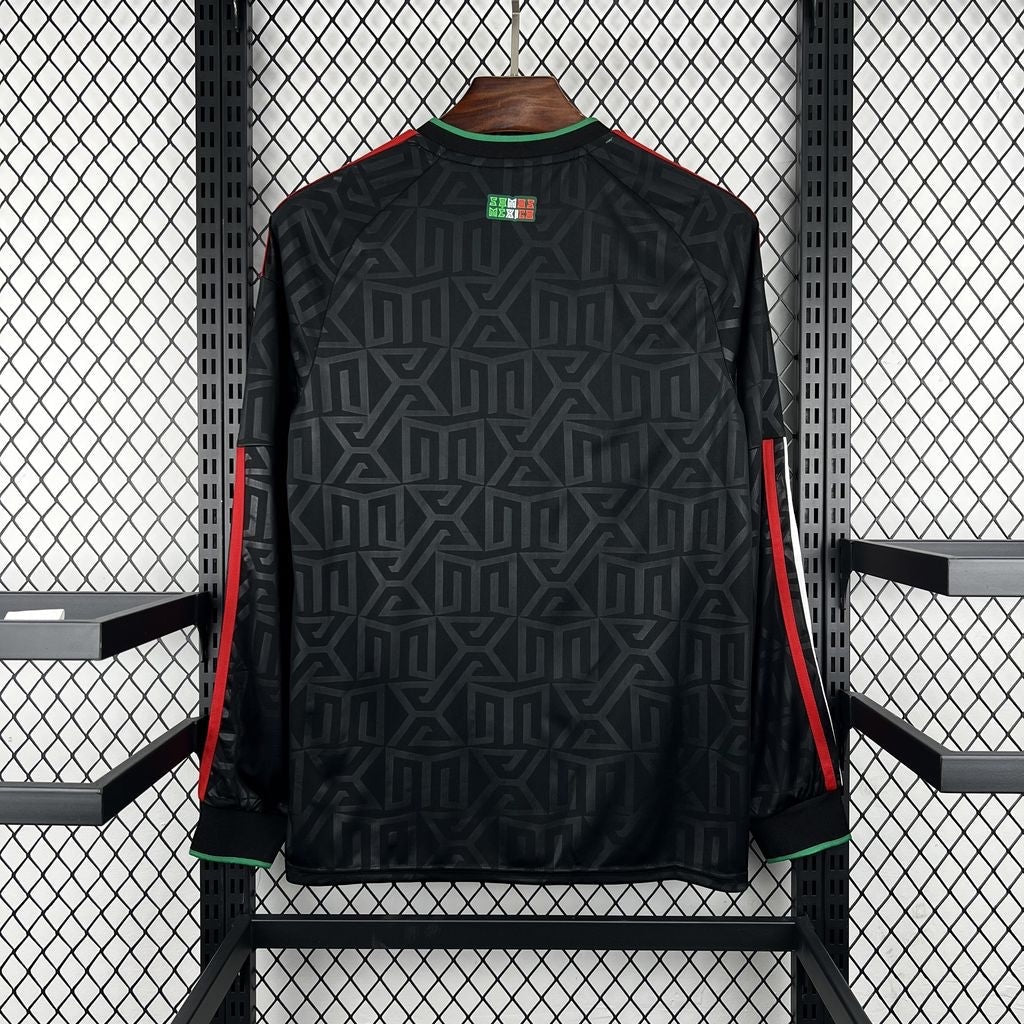 Leazofoot Mexico 2026 third long sleeve football jersey in black with geometric pattern and red, white, and green trim.