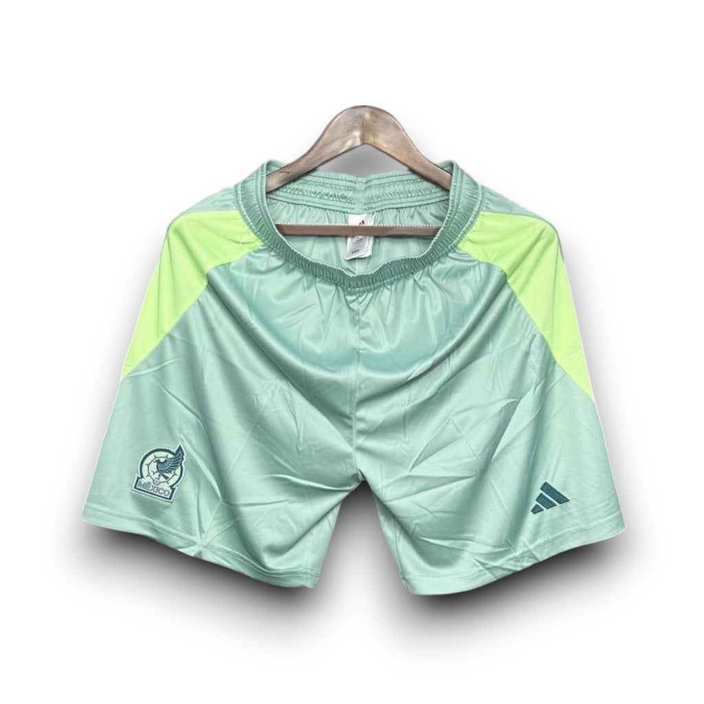 Leazofoot Mexico 2022 concept soccer shorts in mint green with lime yellow side panels and team crest.